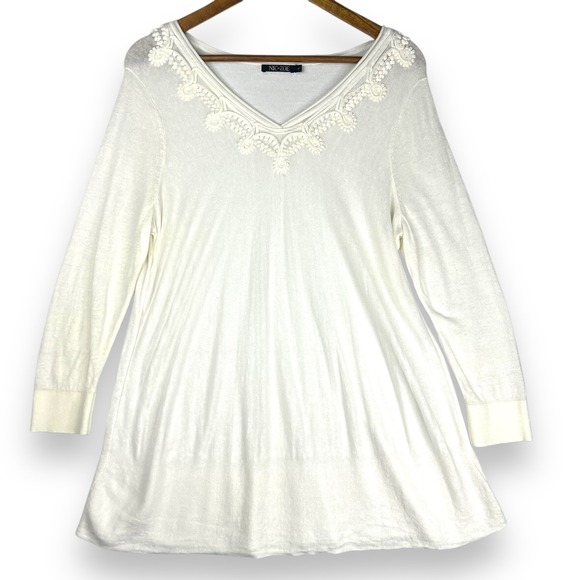 NIC+ZOE Wisteria Sweater Crochet Trim Linen Blend Knit White Lightweight Beach L - Picture 1 of 10